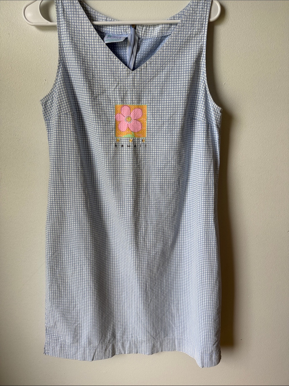 fresh produce Light Blue Gingham Sleeveless Dress with Pink Flower Patch Sz L